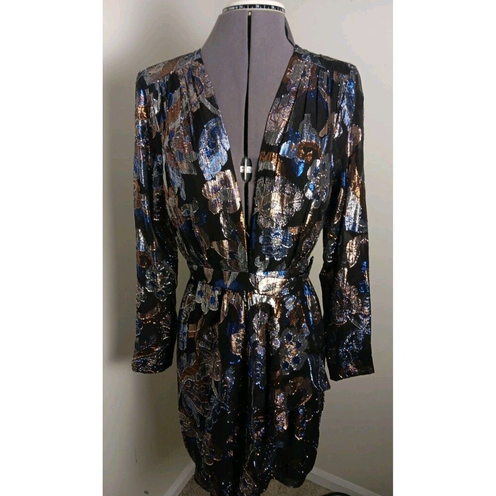 Rammy Brook Metallic Floral Mini  Dress Black Blue Gold Long Sleeve Size 6
